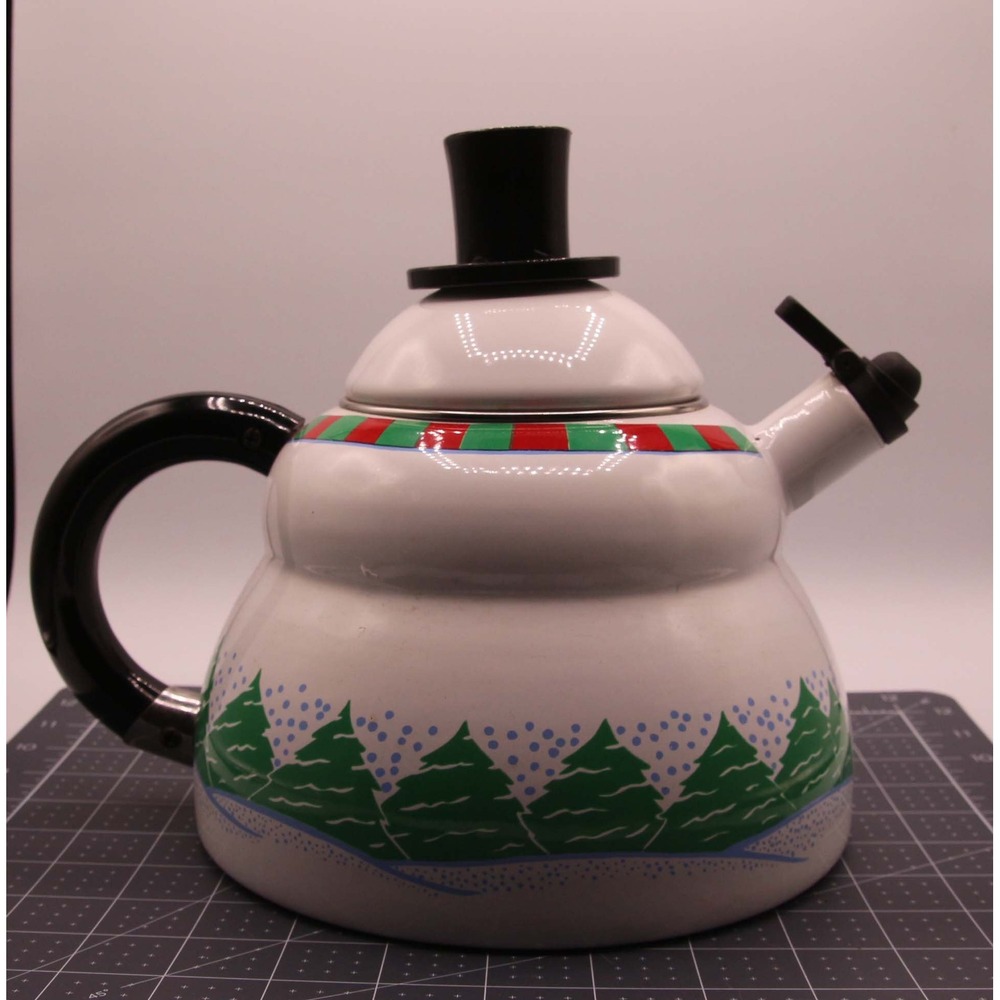 Snowman Enamel Tea Kettle Stovetop Whistling Pot Winter Holiday Christmas Decor